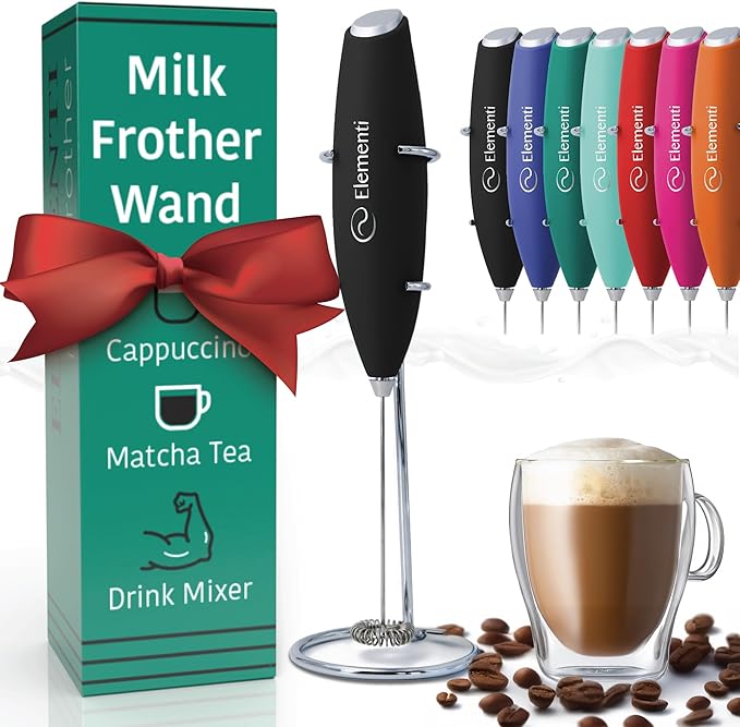 Elementi Milk Frother Wand & Drink Mixer with Stand - Turbo Milk & Coffee Frother Handheld - Hand Held Coffee Mixer Wand & Cold Foam Maker for Frothy Cappuccinos, Lattes & Drink Mixes at Home - Black