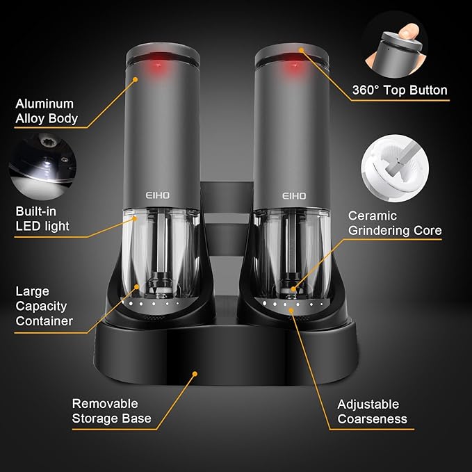 EIHO Electric Salt and Pepper Grinder Set USB Rechargeable, Upgraded External Adjustable Coarseness, Aluminum Alloy Automatic Salt and Pepper Shakers Mills with LED Light, House Warming Cooking Gifts