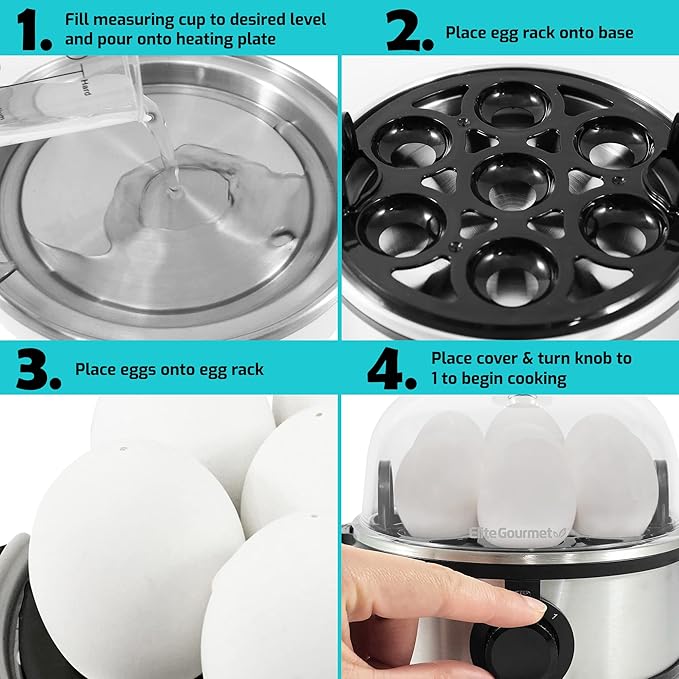 Elite Gourmet EGC648 Easy Electric Poacher, Omelet Eggs & Soft, Medium, Hard-Boiled Egg Boiler Cooker with Auto Shut-Off and Buzzer, Measuring Cup Included, BPA Free, Stainless Steel 7 Egg