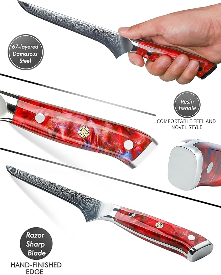 7 inch Fillet Knife, VG10 Damascus Steel Fish Boning Knife with Resin Handle - Xuan Series (Sunset Red)