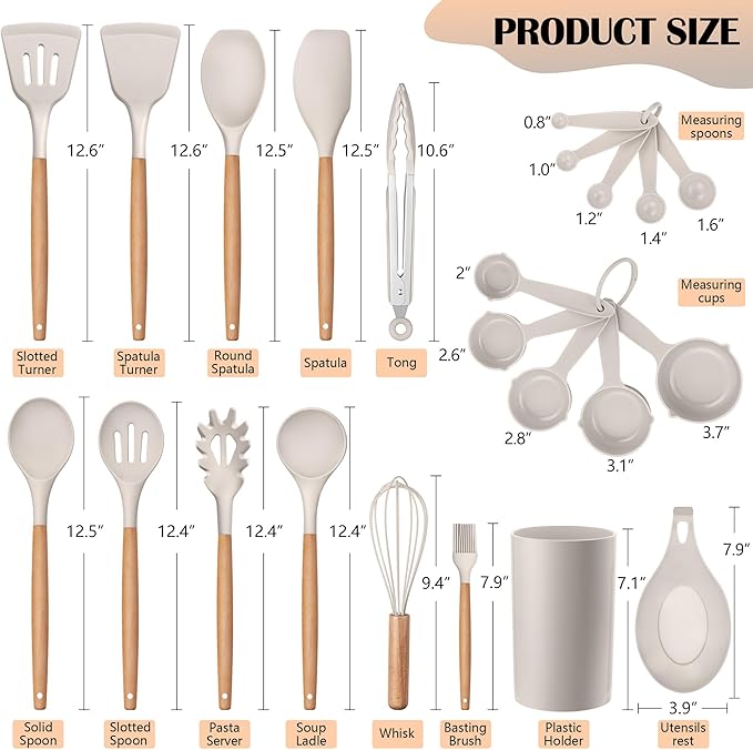 HaWare Kitchen Cooking Utensils Set, 23-Piece Silicone Kitchen Utensils Spatula Set with Holder, Heat Resistant Wooden Handle Kitchen Gadget for Nonstick Cookware, Food-grade Turner Spoon Sets (Khaki)
