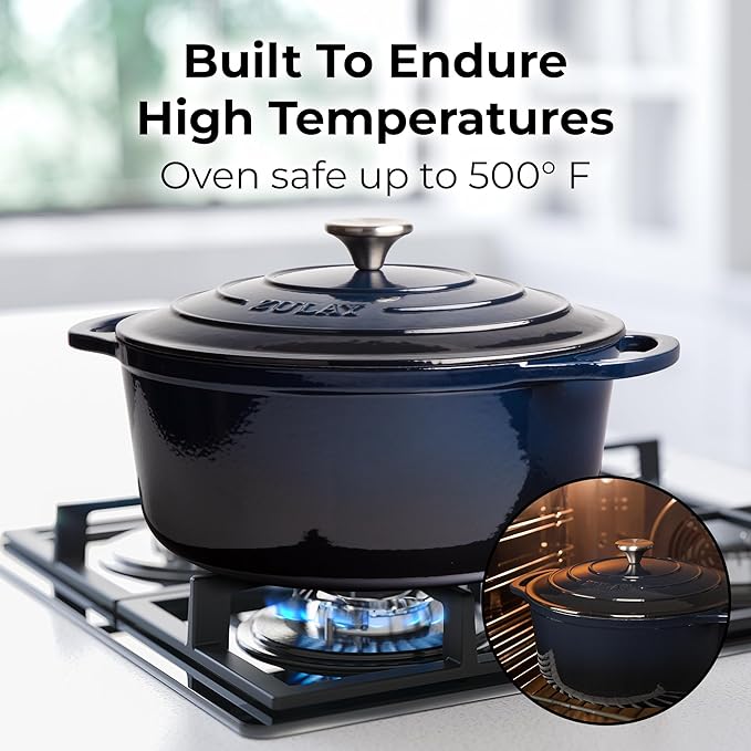 Zulay Kitchen 6 Quart Enameled Cast Iron Dutch Oven with Lid - Premium Durability & Oven Safe up to 500°F – Heavy Duty Cookware Perfect for Bread Baking, Stews, Braising & Roasting - Lapis Lazuli