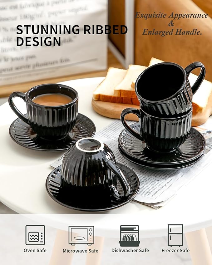 Hasense Ceramic Cappuccino Cups and Saucers - 8 Oz, Large Ribbed Coffee Mugs Set of 4 for Coffee,Tea,Latte and Macchiato, Demitasse Cups Set Aesthetic Gifty, Black