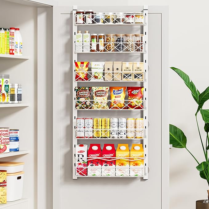 MIAOLI Over the Door Organizer, White 6-Tier Pantry Door Organizer with Adjustable Basket, Hanging Spice Rack Cabinet Door Shelves, Laundry Room Organization and Storage