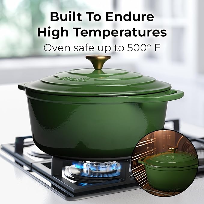 Zulay Kitchen 7.7 Quart Enameled Cast Iron Dutch Oven with Lid, Silicone Trivet & Heat Pad – Premium Durability & Oven Safe up to 500°F – Heavy Duty Cookware Perfect for Bread Baking, Stews, Braising & Roasting – Green