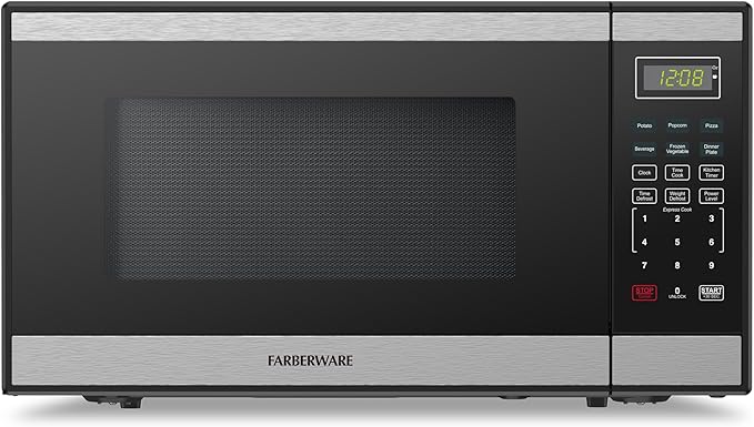 Farberware 1.1 Cu. Ft. Countertop Microwave Oven – 1000W Power, Auto Cook Settings, Defrost, and Safety Lock Stainless Steel, Black Stainless