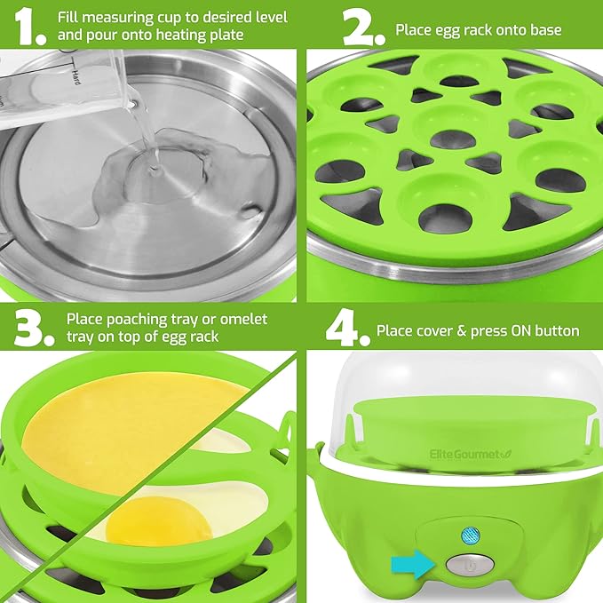 Elite Gourmet Easy Electric 7 Egg Capacity Soft, Medium, Hard-Boiled Cooker Poacher, Scrambled, Omelet Maker with Auto Shut-Off and Buzzer, BPA Free