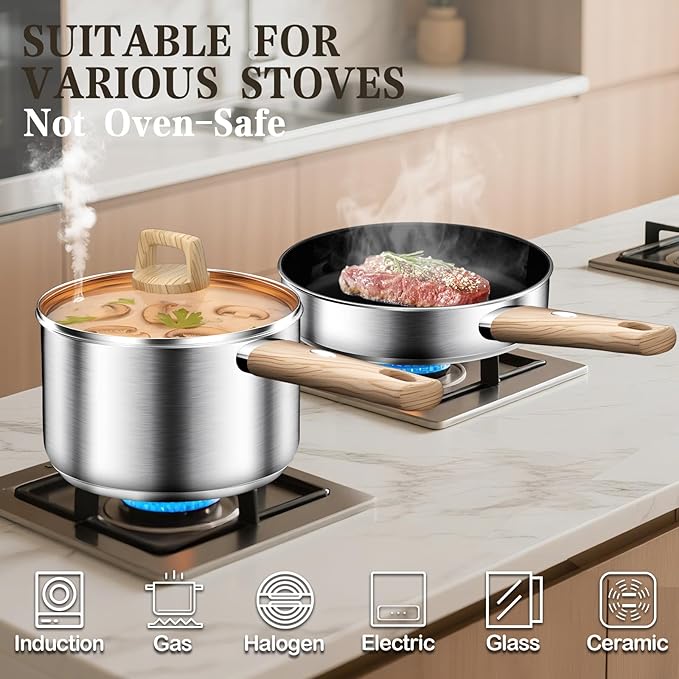 13-Piece Stainless Steel Cookware Set with Nonstick Frying Pans, Sauce Pots & Stock Pot, Heavy Duty Pots and Pans Set, Wooden Handles & Triple Layer Bottom, Induction Cookware, Easy to Clean