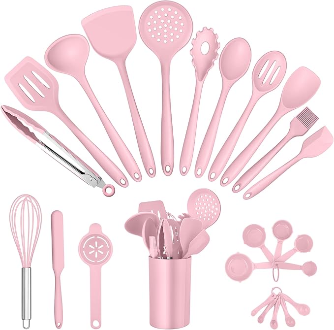 E-far Silicone Cooking Utensils Set, 25 Piece Kitchen Utensils with Holder, Non Toxic Kitchen Tools Spatula, Turner, Spoon, Ladle for Nonstick Cookware, Heat Resistant & Dishwasher Safe - Pink