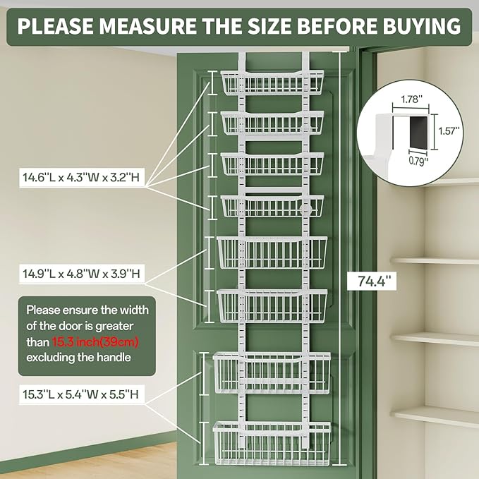 Over The Door Organizer,8-Tier Over The Door Pantry Organizer with Adjustable Baskets,Metal Hanging Pantry Organizers and Storage for Kitchen, Back of Door Seasoning Rack (White)