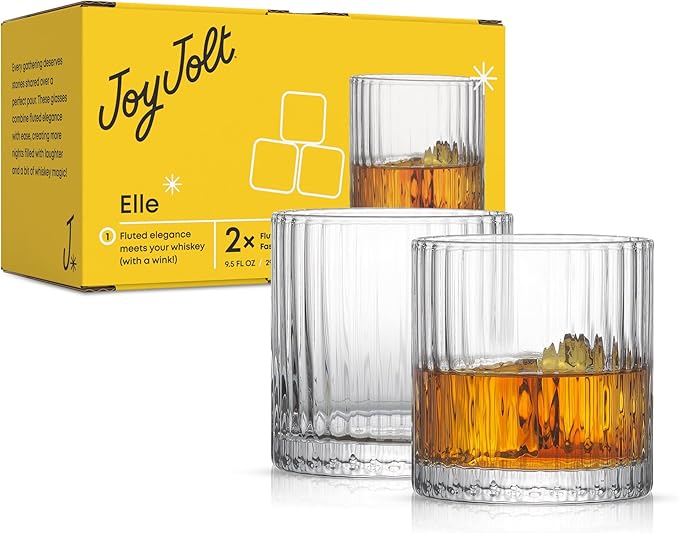 JoyJolt Elle 10oz Double Old Fashioned Whiskey Glasses - Set of 2, Lead-Free Glassware, Dishwasher Safe, Vintage Style Drinking Glasses