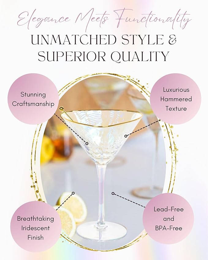 Sisterly Drinkware Iridescent Hammered Martini Glasses Set of 2 – Handmade Gold Rim Cocktail Glasses with 2 Gold-Plated Picks & 2 Coasters – 8 oz Elegant Barware for Martinis, Cocktails & Mocktails