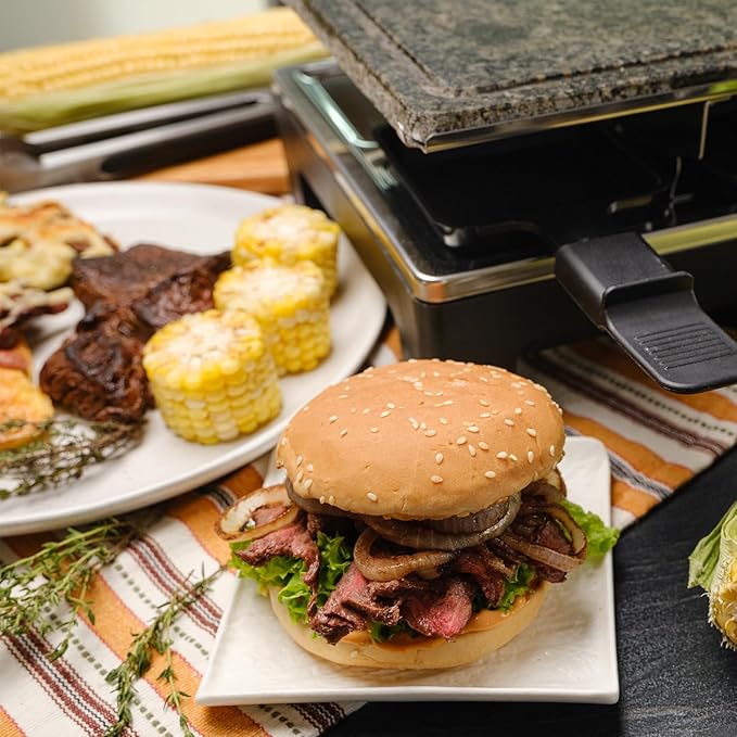 CUSIMAX Raclette Grill, Electric Grill, Portable Indoor Grill with 2 in 1 Reversible Non-stick Plate & Natural Grill Stone, 1500W Korean BBQ Grill, 8 Pans & Wooden Spatulas