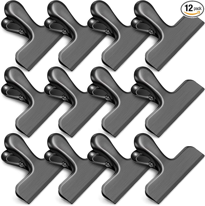 12 Pack Stainless Steel Chip Clips, Bag Clips for Food, Heavy Duty Chip Bag Clip for Kitchen and Office to Seal Coffee Bags, Paper Sheets, Metal Clip Air Tight Seal-3 Inches(Black)