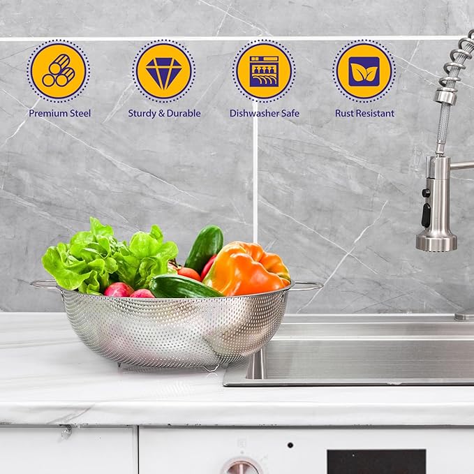 E-far 5-Quart Stainless Steel Colander, Micro-Perforated Metal Colander Strainer with Handle for Kitchen/Draining Pasta/Rinsing Vegetables Fruits, Heavy Duty & Dishwasher Safe - 11 Inches