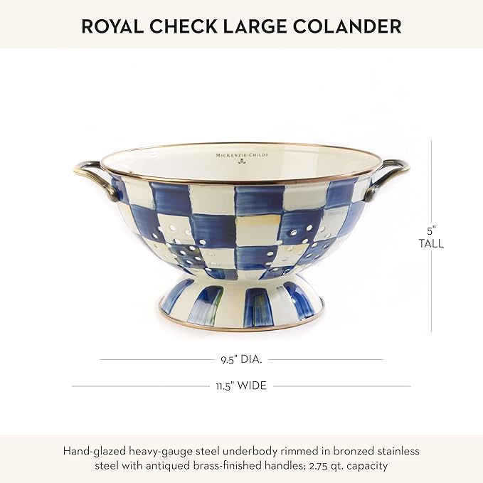 MACKENZIE-CHILDS Enamel Colander, Decorative Kitchen Strainer, Large, Blue-and-White Royal Check