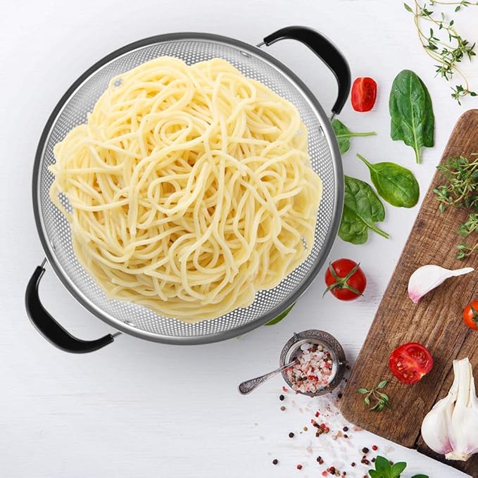 Tiawudi 18/8 Stainless Steel Colander, Easy Grip Micro-Perforated 5-Quart Colander, Strainer with Riveted and Heat Resistant Handles, BPA Free. Great for Pasta, Noodles, Vegetables and Fruits