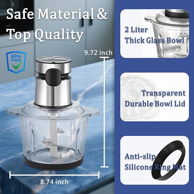 Electric Food Processor, 500W Vegetable Chopper Meat Grinder with 8cups/2L Glass Bowl & Timer, Electric Garlic Chopper Veggie Cutter with 3 Speeds&4 Blades, Kitchen Blender Mixer for Pet&Baby Foods