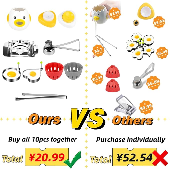10-in-1 Egg Tool Set:1 Chalaza Remover Tongs,2 Piercers,2 Fry Rings,2 Brush Cleaners,1 Shell Opener,1 Egg Separator,1 Egg Slicer -All Essential Egg Prep Gadgets for Perfect Cooking