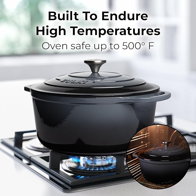 Zulay Kitchen 5 Quart Enameled Cast Iron Dutch Oven with Lid,Silicone Trivet & Heat Pad – Premium Durability & Oven Safe up to 500°F – Heavy Duty Cookware Perfect for Bread Baking, Stews, Braising & Roasting – Gray
