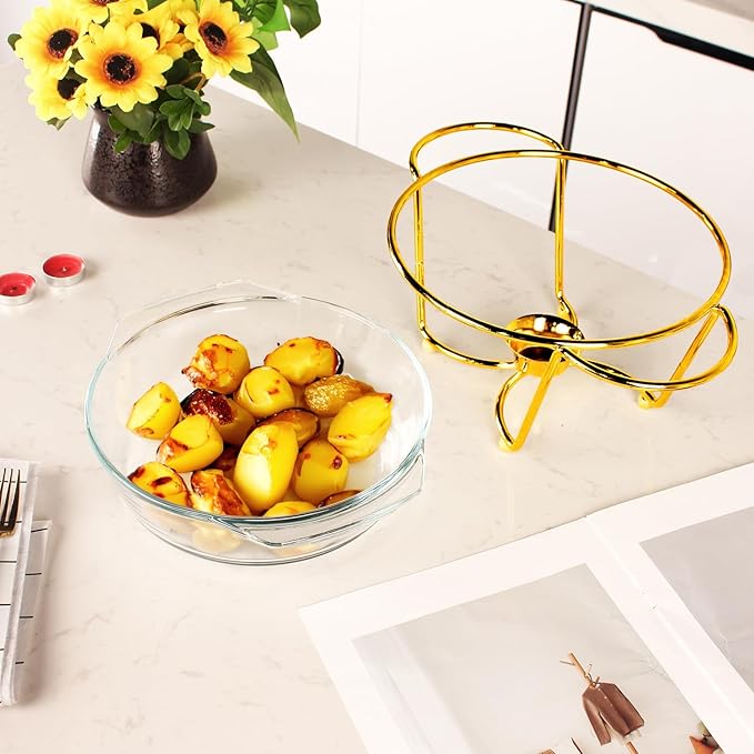 Casserole Dish 9" Glass Baking Dish with Stainless steel Lid and Golden rack, 1.5 Qt round Baking Pan For Casserole & Lasagna, Microwave Dishwasher Freezer Oven Safe
