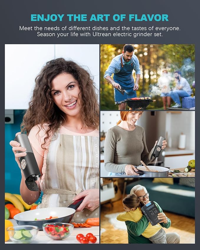 Ultrean Pepper Grinder, Rechargeable Gravity Salt and Pepper Grinder with 6 Adjustable Coarseness, LED Light, One-Hand Automatic Operation, Stainless Steel, Gifts for Father‘s Day