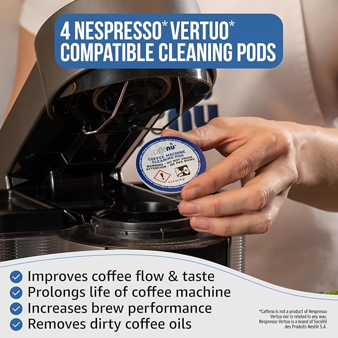 Caffenu Cleaning Pods Compatible with Nespresso Vertuo. 4 Cleaner Capsules. For Improved Coffee Flavor and Crisp Coffee. Use with Descaling Kit