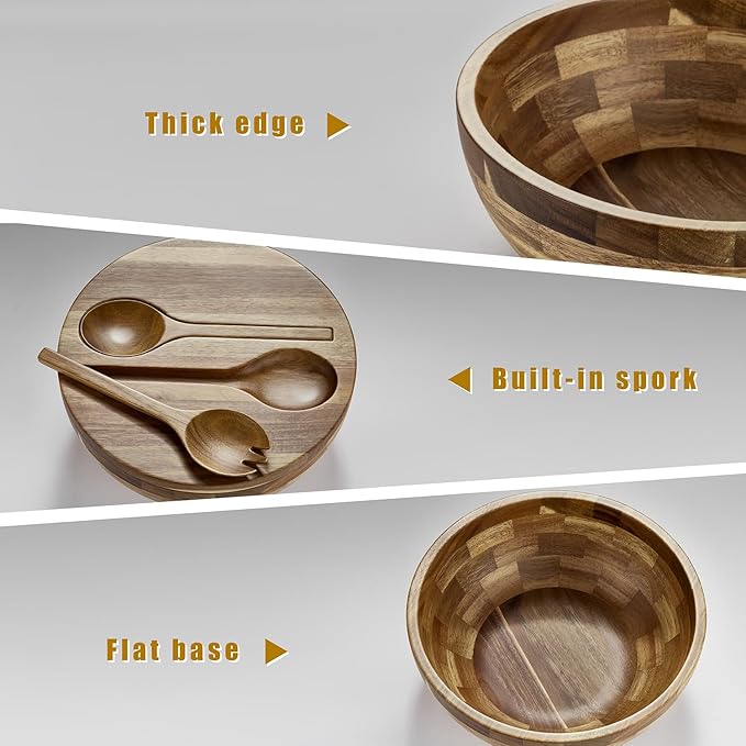 Wooden Salad Bowl, Salad Bowls, Large Salad Bowl with Serving Utensils, Big Mixing Bowl for Fruits, Salad, Cereal, Corn flake, Pasta 11.8" Diameter x 5.34" Height