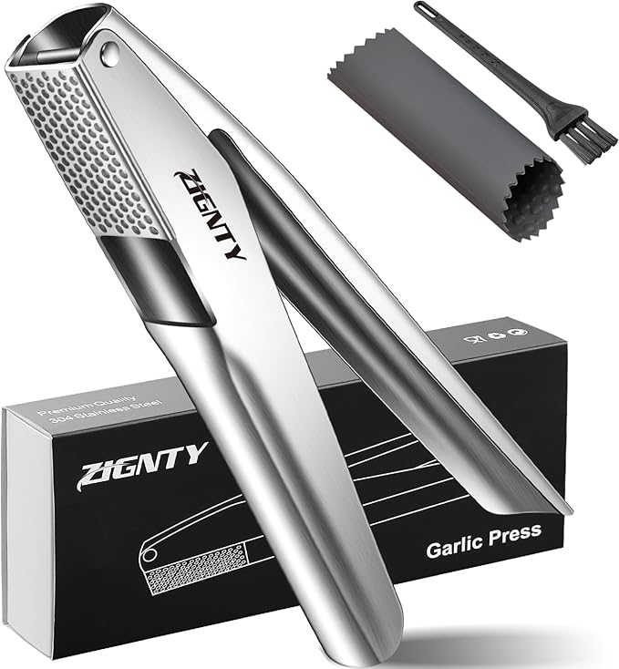 Professional Garlic Press Stainless Steel,No Need to Peel Garlic Mincer Tool with Large Trough, Dual Lever-Assisted Garlic Presser & Masher Easy Clean, Garlic Crusher Dishwasher Safe Rust Proof