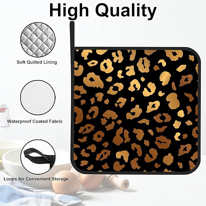 Black Gold Leopard Print Pot Holders Set of 2 Kitchen Heat Resistant Potholders for Microwave Cooking Baking Oven End Dishes and BBQ Gifts for Women