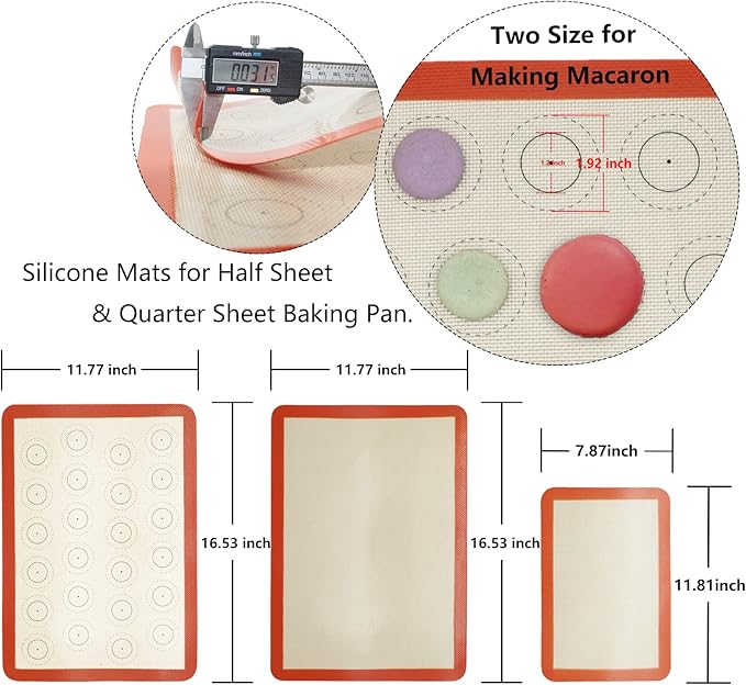 Silicone Baking Mats Set of 4, Non Stick Reusable Silicone Liners for 11" x17" Half Sheet and 8" x 12" Quarter Sheet for Baking Macaron/Cookie/Bread/Pastry