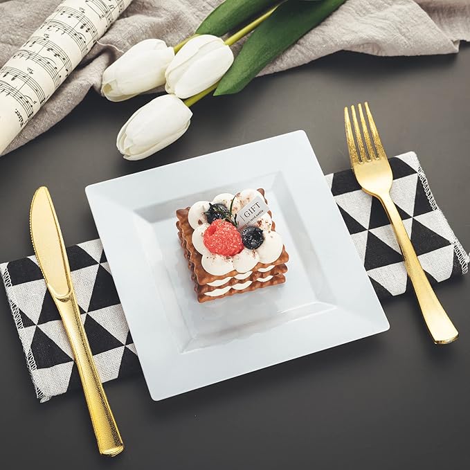 100 Pack White Plastic Square Dessert Plates, 6.5" Disposable Salad Plates Heavy Duty Plates for Party, Wedding, Christmas, Easter