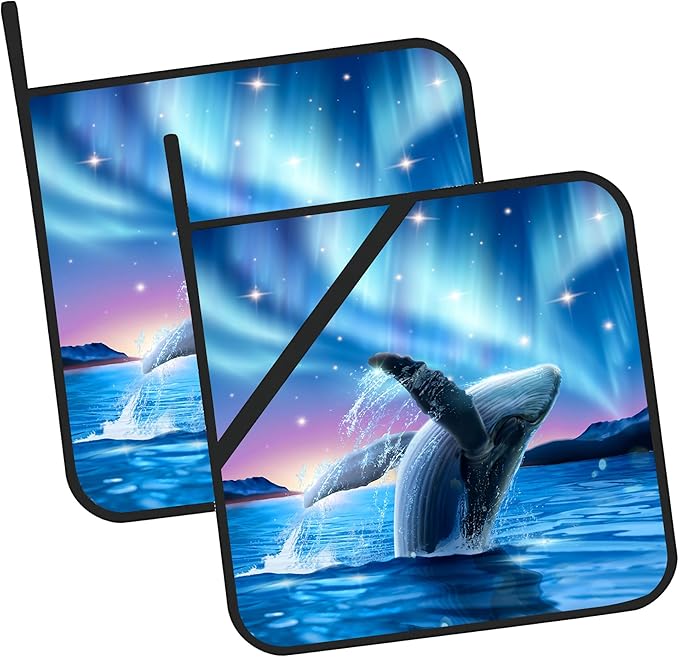 Whale with Aurora on Starry Pot Holders 2 PCS for Kitchen, Heat Resistant Hot Pads for Cooking Grilling Baking BBQ, Pot Holders for Women Cook Essentials Accessories Home Microwave