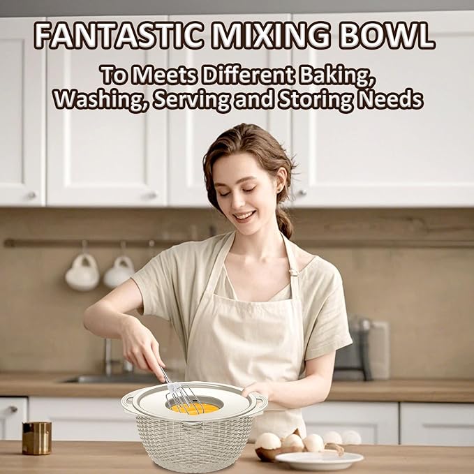 Colanders, 4-1 Colander with Mixing Bowls Set, Strainers for Kitchen, Food Strainers with Grater, Kitchen Gadgets Strainer Basket for Draining Pasta, Vegetable, Fruit & Veggie Washerl,Beige