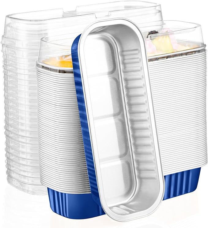 EUSOAR Dessert Cups with Lids, 100pcs 6.8oz Aluminum Foil Mini Loaf Cake Pan Tin with Lids, Disposable Baking Cups Ramekins Creme Brulee Hoder Containers for Birthday Wedding Party -Royal Blue