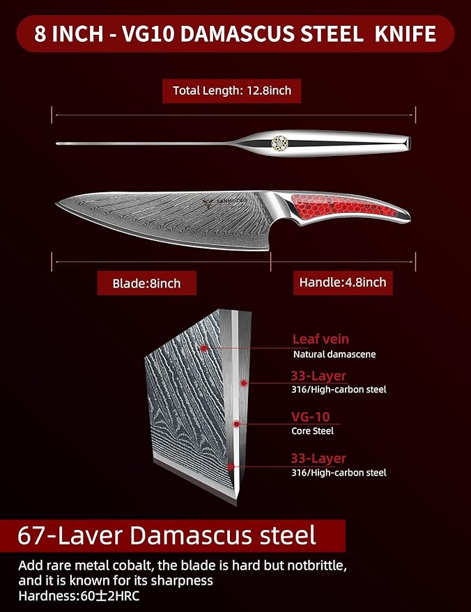 8 inch Chef Knife, Japanese VG-10 Damascus Steel Kitchen Knife, Ultra Sharp Cooking Knife with Full-tang Handle in Red Resin, LA-S9 Series