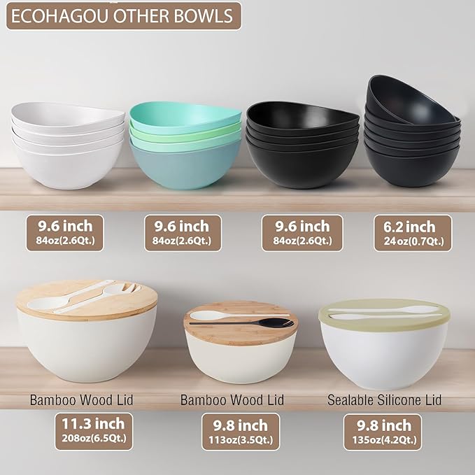 12.6" Extra Large Salad Serving Bowl Set with Wooden Lid&Utensils, 8.4Qt. Bamboo Fiber Salad Bowl with Servers for Kitchen, Lightweight Big Bowl White for Mixing Salad,Fruit,Pasta
