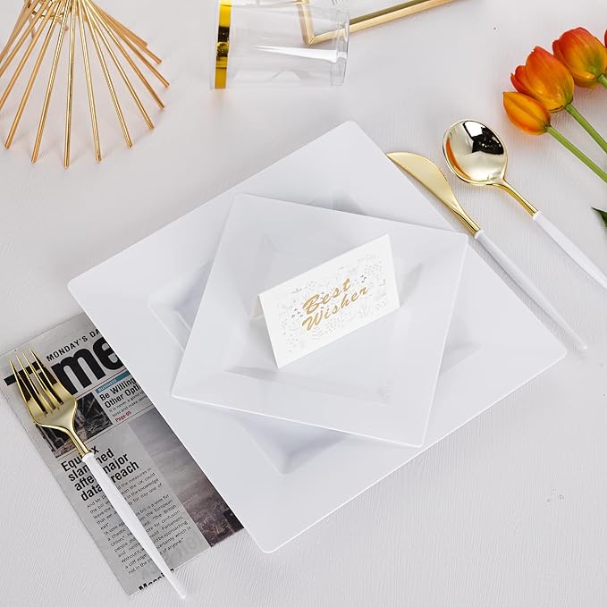 100 Pack White Plastic Square Dessert Plates, 6.5" Disposable Salad Plates Heavy Duty Plates for Party, Wedding, Christmas, Easter