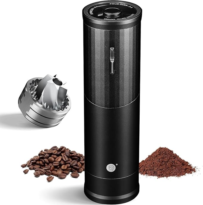 Electric Coffee Grinders, Portable Burr Grinder Capacity 50g w/Magnetic Cover,External Adjustable Setting, Aluminum Alloy Body, 800mAh Battery(Stand not Included) Black