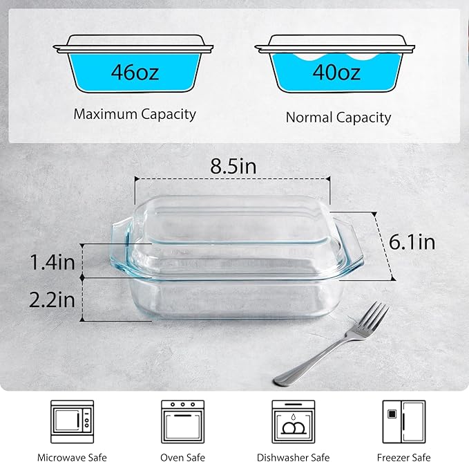 NUTRIUPS 1.4QT Small Glass Casserole Dish With Lid, 8.5×6.1in Rectangular Casserole Dish for Oven
