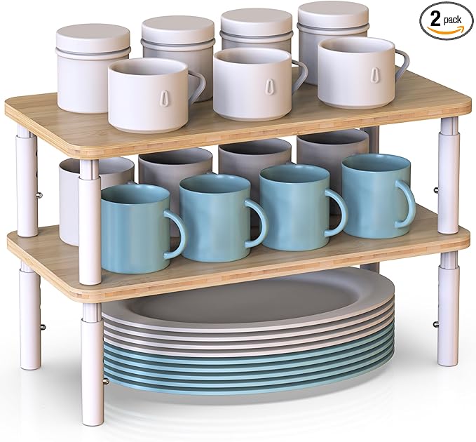 Cabinet Organizer Shelf, Spice Rack Set of 2 Kitchen Pantry Cupboard Shelves, Stackable, Height Adjustable, Natural Bamboo (15.6" Wx77.Dx6.57 H per Pack)