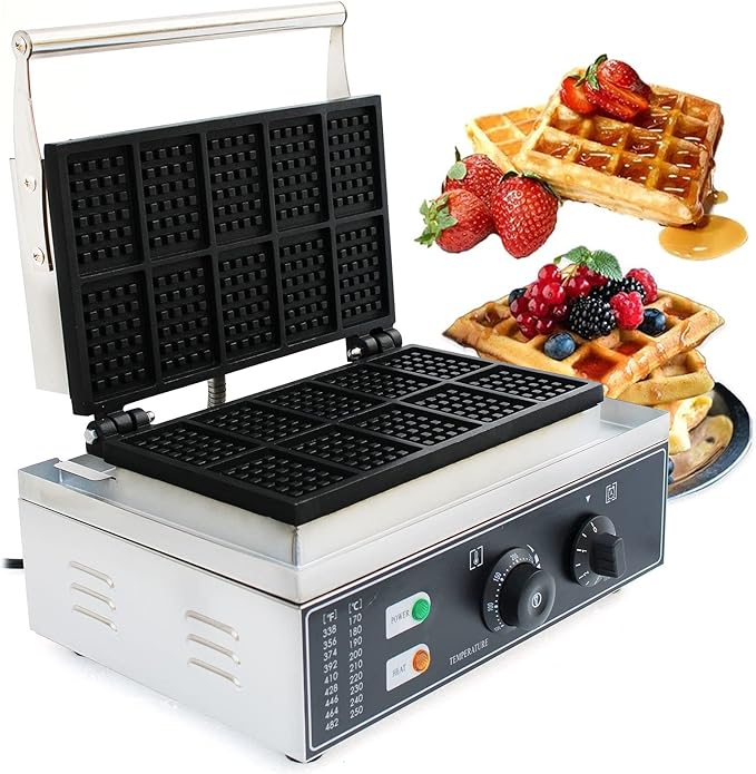 1550W Commercial Waffle Maker, 10 Grids Electric Square Waffle Maker Non-Stick Stainless Steel Belgian Waffle Iron w/Time & Temper Adjustable| Temper Comparison Table, Large Waffle Machine Restaurant