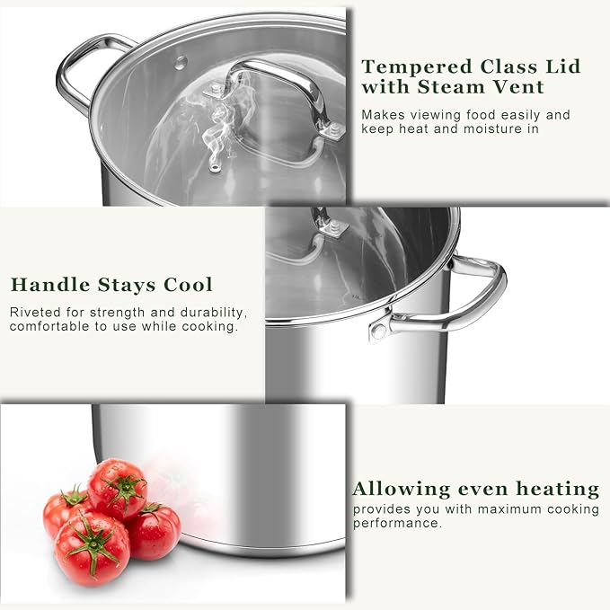Leonyo 16 Quart Stock Pot With Lid, 18/10 Stainless Steel Stockpot, large Induction Cooking Pot with Visible Lid for Pasta, Soup, Spaghetti, Tri-Ply Bottom & Heavy Duty, Various Stovetops Suitable