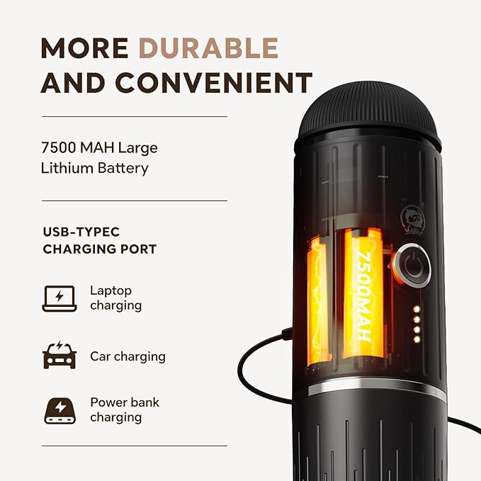 Rich Crema Portable Electric Espresso Coffee Maker, Fast self-heating 2 IN 1 Extraction System Espresso Machine,Support Ground Coffee and NS capsule, for Travel,Car,Hiking,Climbing(Black)
