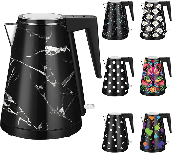 1.2L Double Wall Stainless Steel Interior Water Boiler, Cordless, 1000W Fast Boil with LED Light Coffee Pot & Tea Electric Kettle, Auto Shut-Off and Boil-Dry Protection (Black Marble)