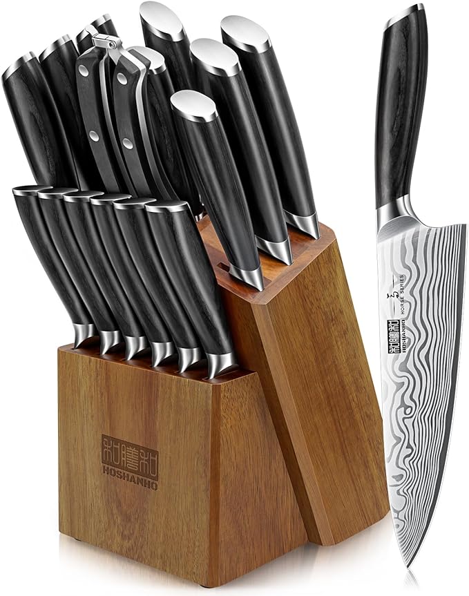 16-Piece Knife Set with Block, Ultra Sharp High Carbon Powder Steel Knife Block Set, Chef Knife Set Professional Kitchen Knives Set with Sharpener and Pakkawood Handle
