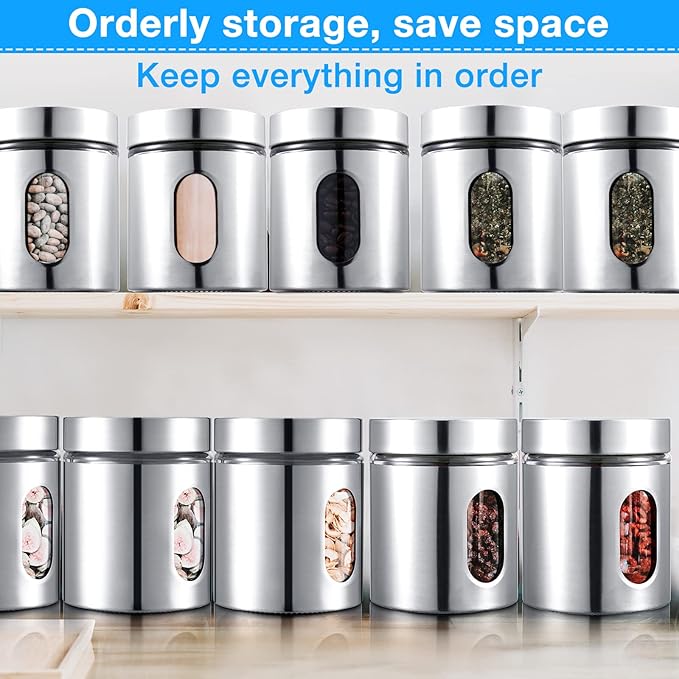 6 Pack Kitchen Canisters Set Airtight Coffee Sugar Tea Candy Storage Jars with Window Glass Stainless Steel Containers with Lids for Flour Cookies Spices Grains Kitchen Decorations(20 oz)