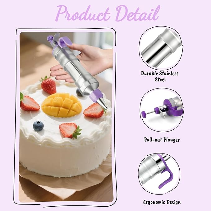 Dessert Decorating Syringe Set, Cake Frosting Piping Kit Stainless Steels Cupcake Icing Piping Kit with 6 Nozzles, 4 Scraper, 6 Silicone Cake Liners, 2 Cleaning Brush for DIY Cake Decoration, Purple