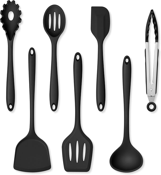 Herogo Silicone Cooking Utensils Set, 7-Piece Kitchen Utensils Set, Heat Resistant Cooking Gadget Tools Slotted Turner, Spoon, Soup Ladle, Pasta Server, Spatula, Tongs for Nonstick Cookware, Black