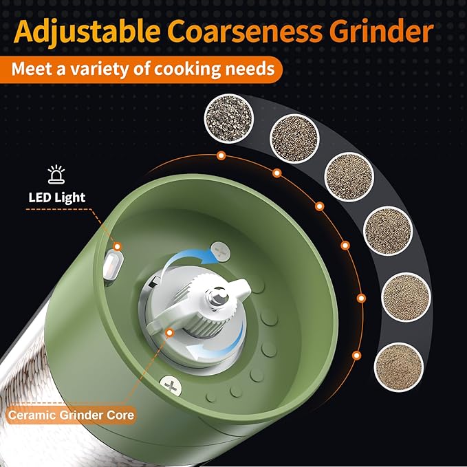 2Pack Electric Salt and Pepper Grinder Set USB Rechargeable with Warm LED Light, Adjustable Coarseness Lidaop Large Capacity Automatic Salt Pepper Mill Grinder for Kitchen, Restaurant, Outdoor, Green